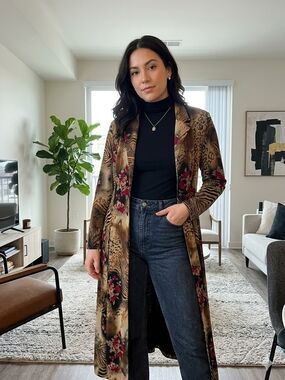 Vintage Long Floral Leopard Print Women's Pea Coat - Black / Brown